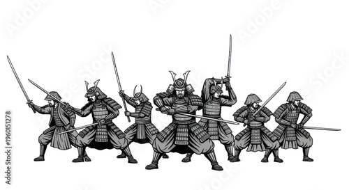 Samurai warriors in traditional armor with swords, ready for battle, black and white illustration