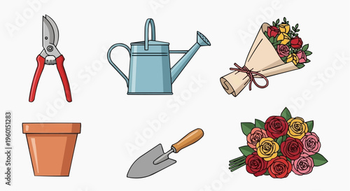 A collection of gardening tools and vibrant floral arrangements. This image captures the essence of nurturing life and celebrating beauty