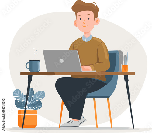 Young Man Working on Laptop at Desk Illustration for Remote Work Banner