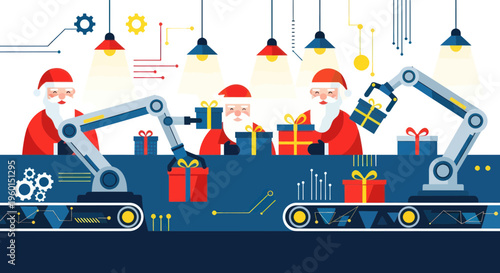 Santa Claus robot assembly line making Christmas presents, festive industry concept