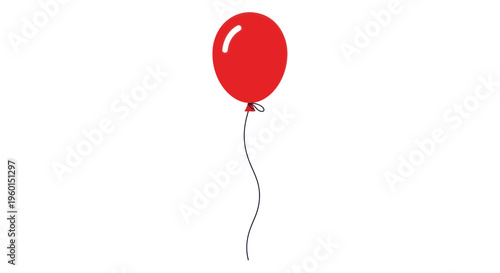 Single Red Balloon Floating with String on White Background