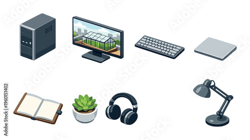 Desktop computer and office accessories arranged on dark background