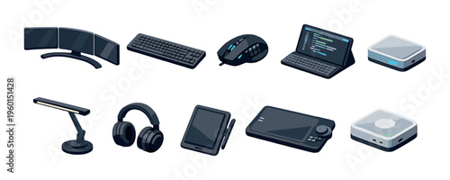 Computer peripherals and audio icons on grey background
