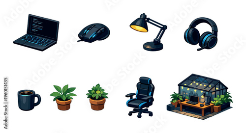 Workstation accessories and plants arranged on dark background