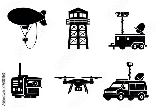 Collection of black and white icons representing various security, spy, and observation technologies for monitoring and protection