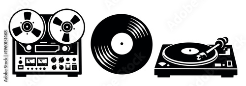 Analog music technology icons with a reel to reel tape recorder, vinyl record, and turntable representing vintage audio