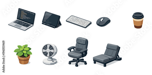 Laptop and peripherals with plant and chair on gray background