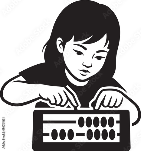 Young girl intently manipulates beads on a traditional abacus.