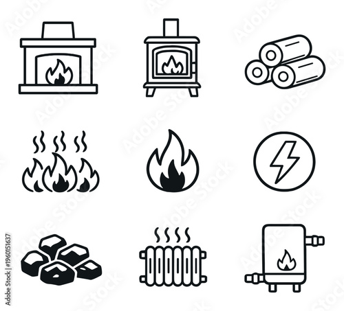 Heating and fuel icons showing stoves boilers and logs