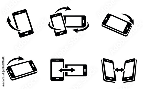 Smartphone screen rotation icons showing the shift in mobile phone orientation from portrait to landscape modes, indicated by arrow icons
