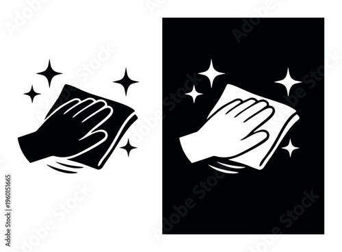 Hand cleaning a surface using a cloth, illustrating disinfection, hygiene, and wiping actions with sparkling lines