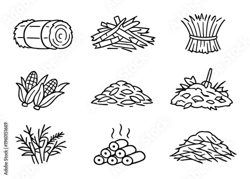 Agricultural biomass and plant material icons on dark background