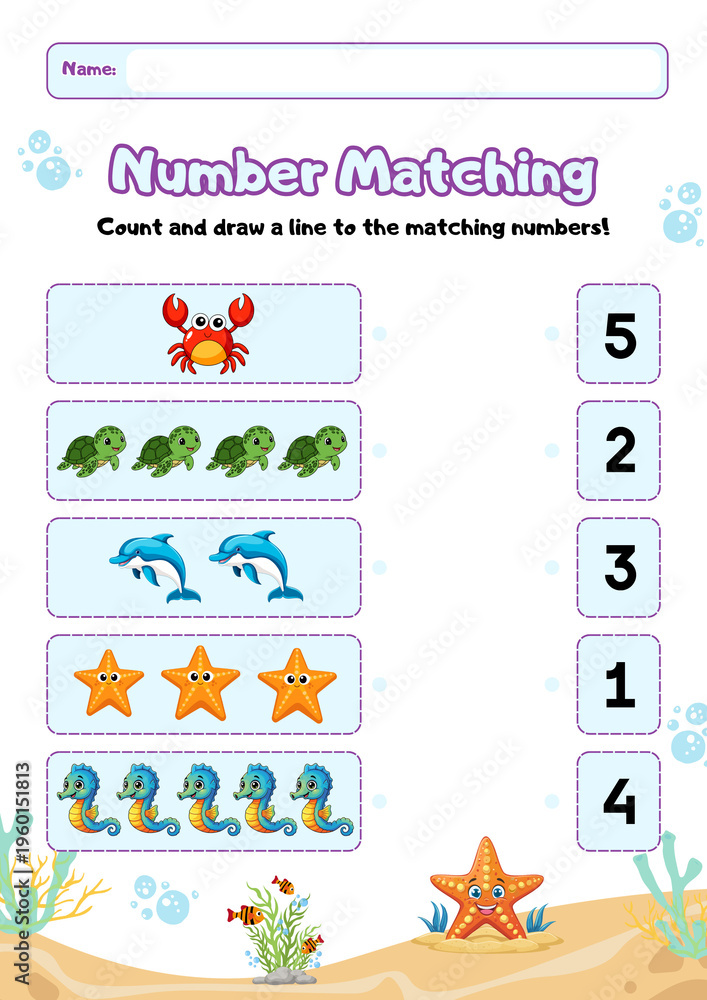 Obraz premium Educational Flashcards for Kids. Дошкольные математические рабочие листы: игра соединять числа для малышей