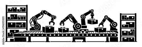 Robotics handling manufacturing and logistics with automated arms placing packages on a conveyor belt in an industrial facility