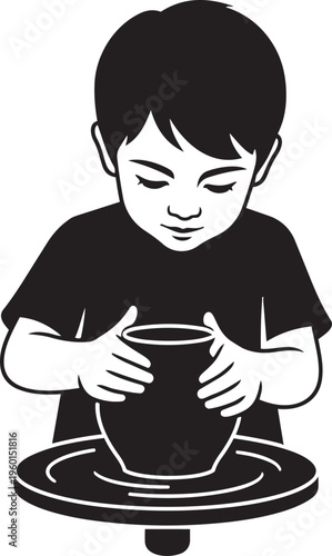 Small child shapes clay on a pottery wheel using both hands skillfully.