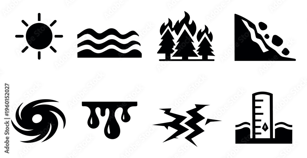 Fototapeta premium Natural hazards and environmental crisis concept with outlined black icons representing extreme weather, global warming, and ecological damage