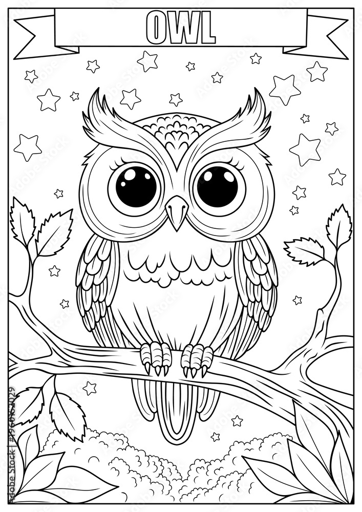 Fototapeta premium A cute night owl on a branch under the stars – a custom coloring page for kids.