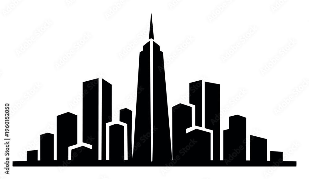 Obraz premium City skyline silhouette illustrating a vibrant urban center with tall buildings and a prominent skyscraper, ideal for business concepts