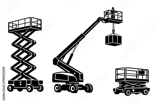 Mobile elevating work platforms, including a fully extended scissor lift, a working boom lift, and a retracted scissor lift