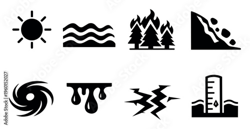 Natural hazards and environmental crisis concept with outlined black icons representing extreme weather, global warming, and ecological damage
