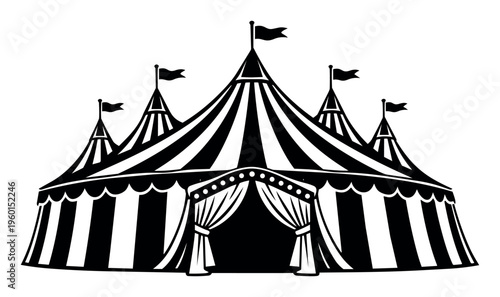 Circus tent structure in a classic big top style, featuring stripes, flags, and open entrance curtains