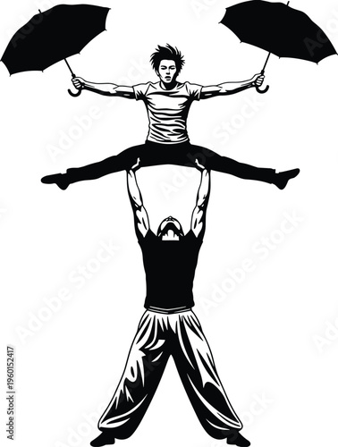 Black and white vector illustration of two male acrobats performing a balance stunt with umbrellas for circus performance and teamwork