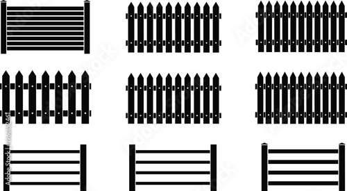 Black wooden fence vector set featuring picket fence silhouettes garden borders farm barriers and horizontal yard railing icons for architectural design