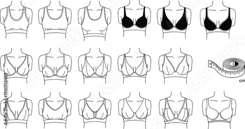 Bra vector set featuring lingerie technical sketches sports bras female underwear silhouettes and measuring tape icons for fashion design and sizing