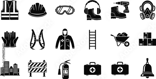 Industrial safety equipment vector set featuring hard hat reflective vest protective goggles gas mask and construction site tools for workplace security
