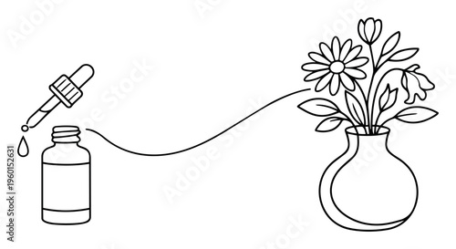 Essential oil bottle and a dropper filling liquid, connected to a vase with flowers displaying the concept of wellness