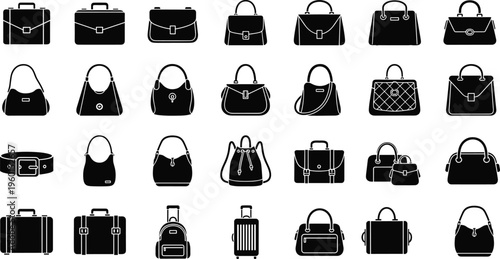 Luxury handbag vector set featuring fashion briefcases travel luggage backpacks and stylish women accessories silhouettes for retail commerce and accessory design