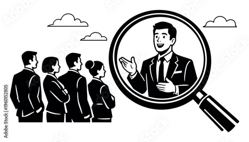 Business executives assessing talent, using a magnifying glass to pinpoint the ideal candidate for hiring and HR recruitment