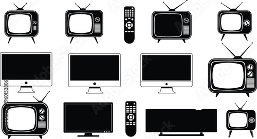 Retro vintage television and modern computer monitor vector set featuring classic tube tv screens remote controls and flat panel display silhouettes