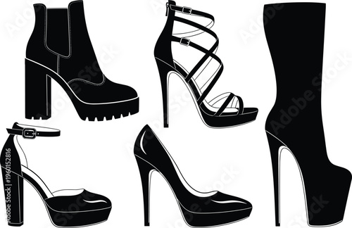 Women high heel shoes vector set featuring platform boots stiletto sandals pumps and fashion footwear silhouettes for retail and luxury design