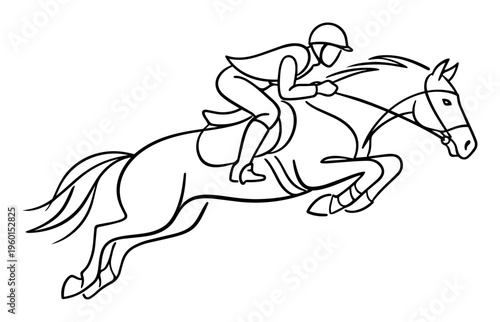 Horse and rider engaged in a dynamic jump, representing equestrian sports, competition, and athleticism in a minimalist outline style