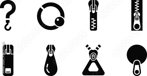 Zipper slider vector set featuring solid black silhouettes of pullers fasteners clothing hardware and garment accessories for fashion and industrial design