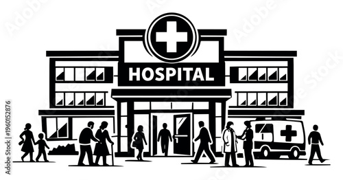 Hospital facility offering general healthcare services, showing patients, visitors, and medical staff outside