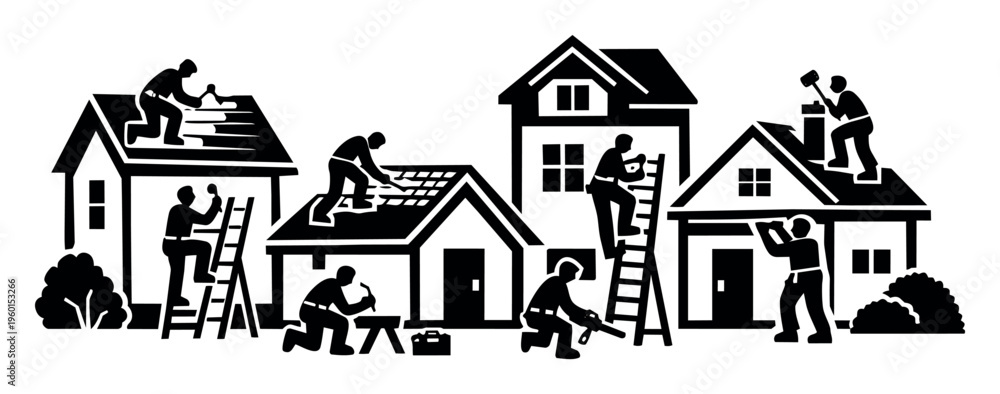 Fototapeta premium Construction team working on houses, doing repairs, improvements, and building new structures with tools and equipment