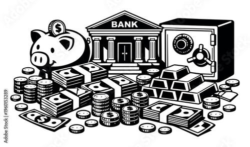 Illustrating banking, savings, investment, and wealth management with stacks of money, a strongbox, and financial institutions elements
