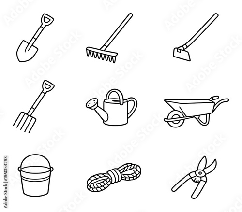 Garden tools and equipment arranged on dark gradient background