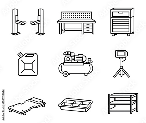 Garage equipment and tools arranged on dark workshop background
