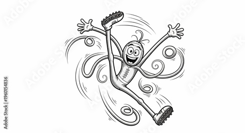 Energetic cartoon character with long, flexible limbs jumping excitedly, surrounded by swirling motion lines in a black and white illustration.