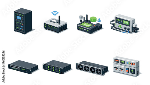 Network and control equipment arranged on dark industrial background
