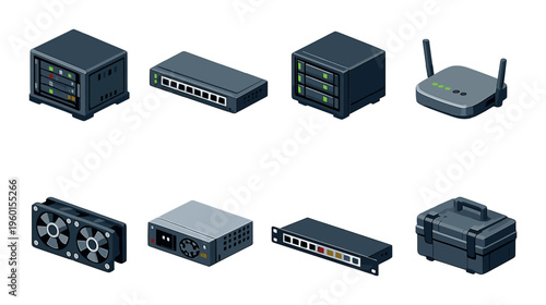 Small network devices and accessories arranged on dark background