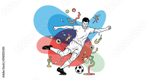 Dynamic black and white cartoon illustration of a golfer mid-swing with various comic book style sound effects and action elements.