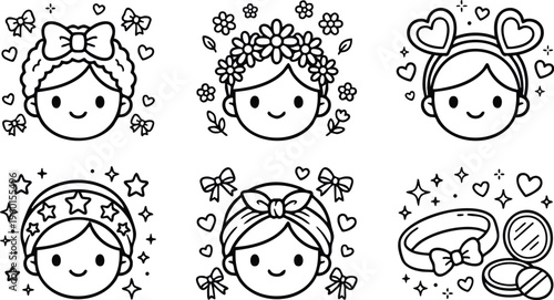 Six cute girls faces with bows stars hearts flowers and makeup accessories