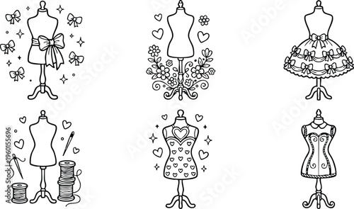 Dress form with bows hearts flowers and sewing items