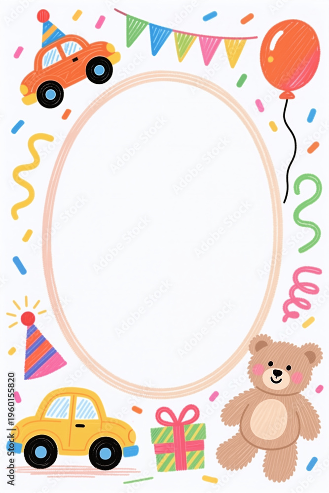 Fototapeta premium Colorful birthday scene with cars, teddy bear, gifts, balloons, confetti, and banners in a playful style.