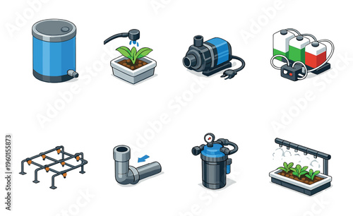 Irrigation equipment icons arranged in grid on dark backdrop