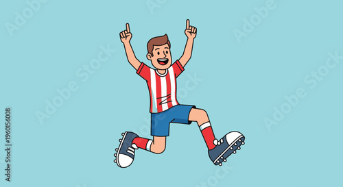 Cartoon male soccer player jumping excitedly with arms raised and fingers pointing up, celebrating a victory on a light blue background.